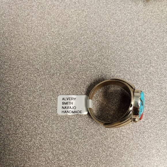 Native American Handcrafted Turquoise & Red Coral Handmade Ring Size 13.5 - Picture 7 of 7